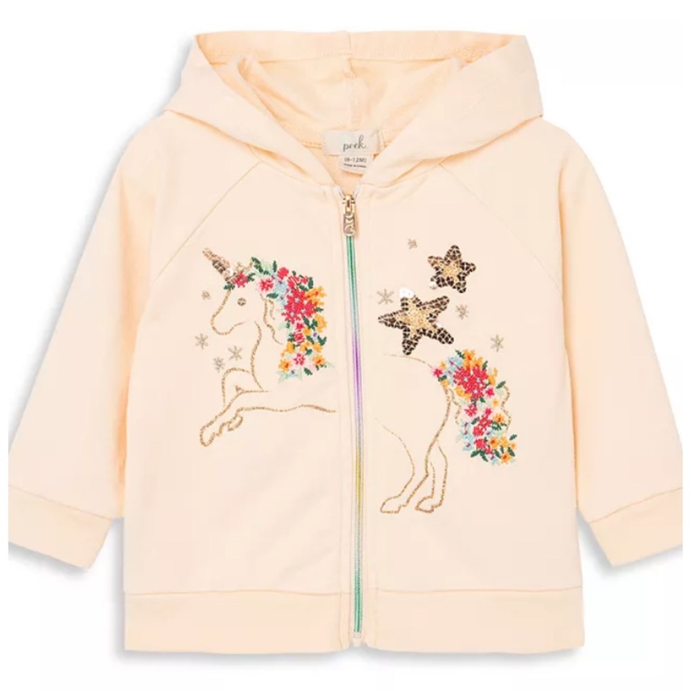 Peek Unicorn Embroidered Zip Hoodie - Cream/Peach 18-24M